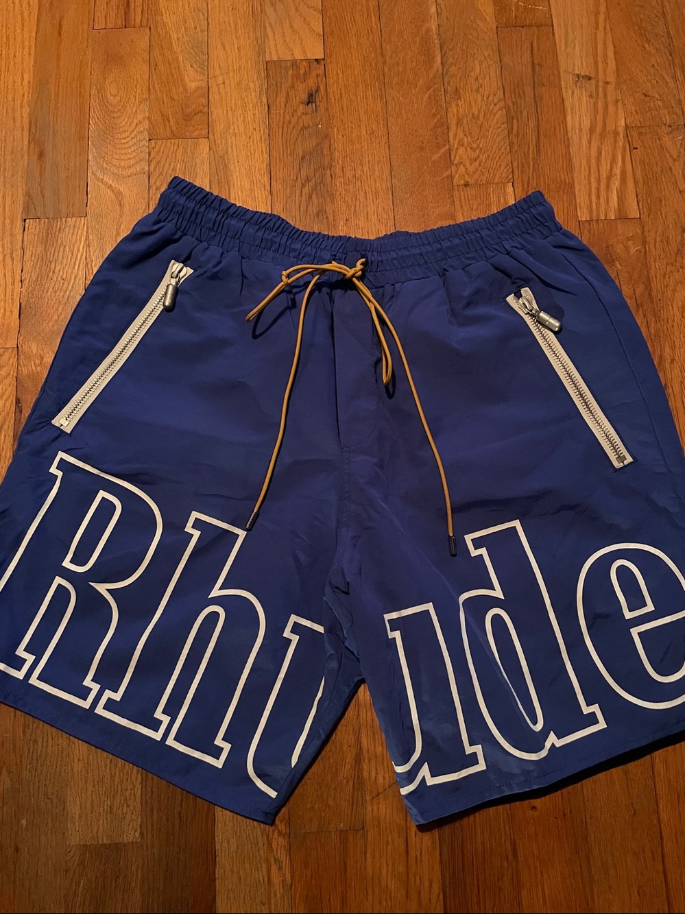 Rhude Blue Athletic Shorts with White Logo